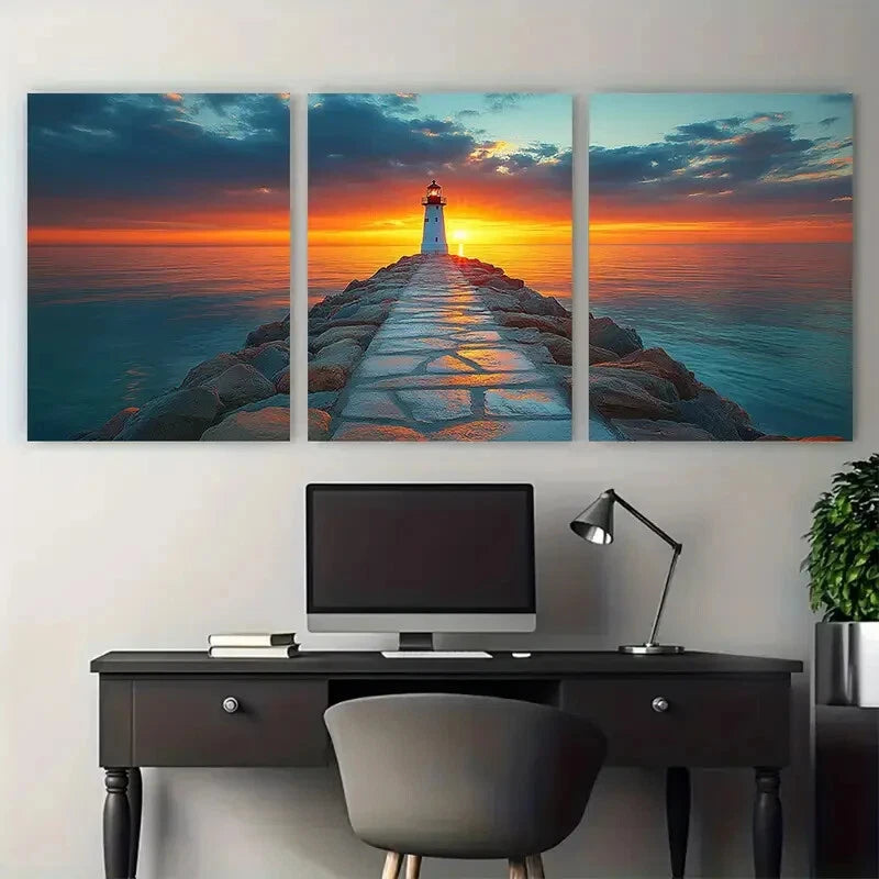 3pcs White Lighthouse Rocky Pier Ocean Sunset Metal Print Ready to Hang Art