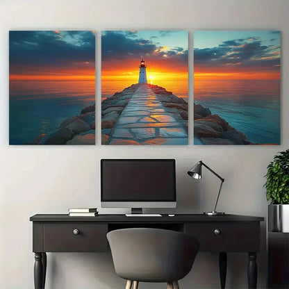 3pcs White Lighthouse Rocky Pier Ocean Sunset Metal Print Ready to Hang Art