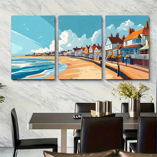 3pcs Vibrant Beach & Seaside Village Scenery Metal Print Ready to Hang Art