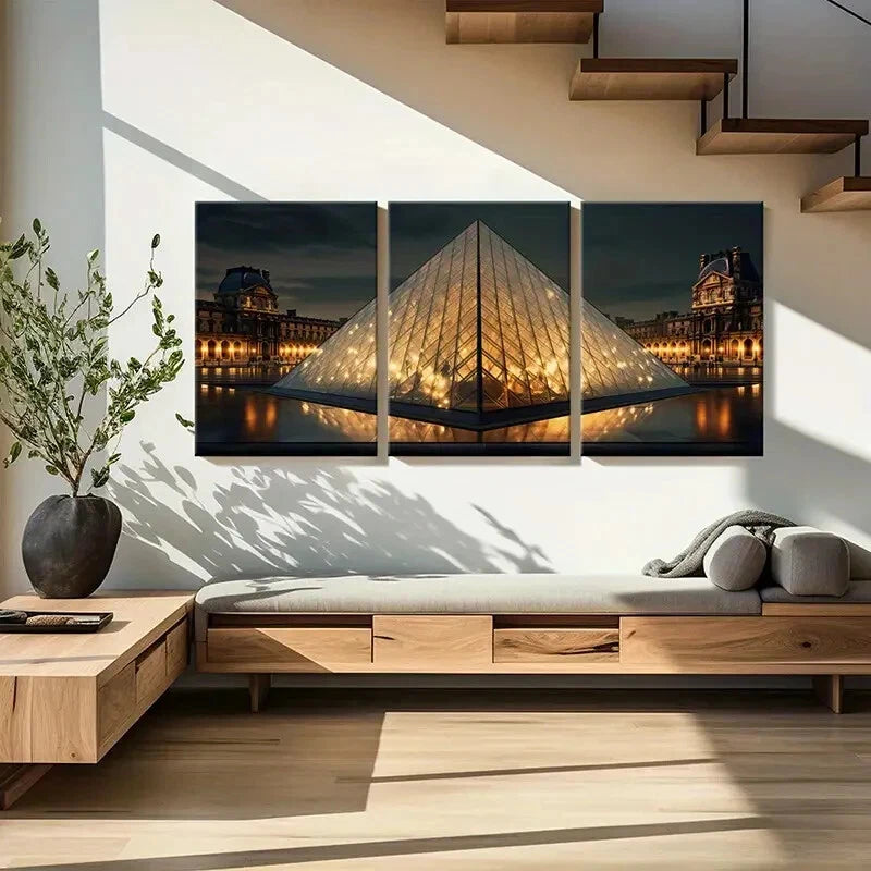 3pcs Louvre Pyramid Paris Landmark Architectural Metal Print Ready to Hang Art