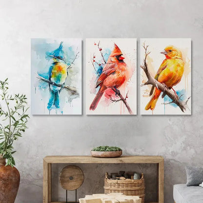 3pcs Colourful Bird Painting Blue & Yellow Metal Print Ready to Hang Art