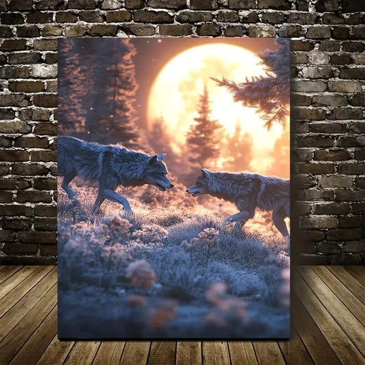 Dreamlike Wolf Chase Scene with Full Moon Painting 40x60cm Metal Print Ready to Hang