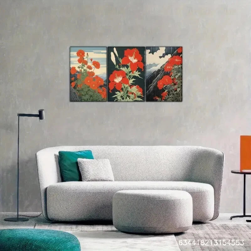 3pcs Red Flower Art Decoration Poster Beautiful Metal Print Ready to Hang Art