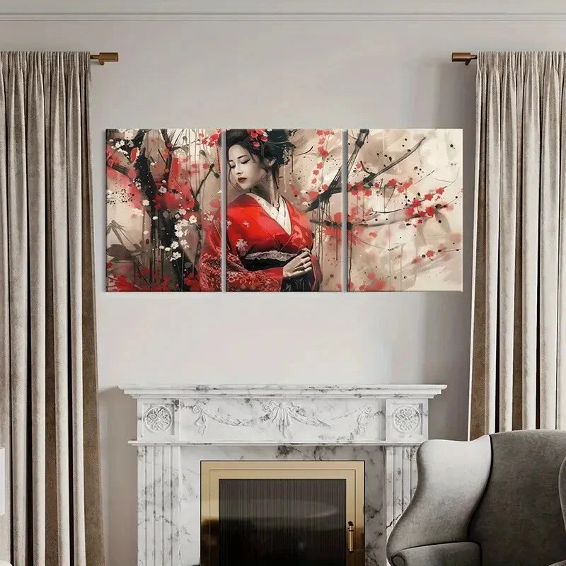 3pcs Kimono Cherry Blossoms Japanese Traditional Metal Print Ready to Hang Art