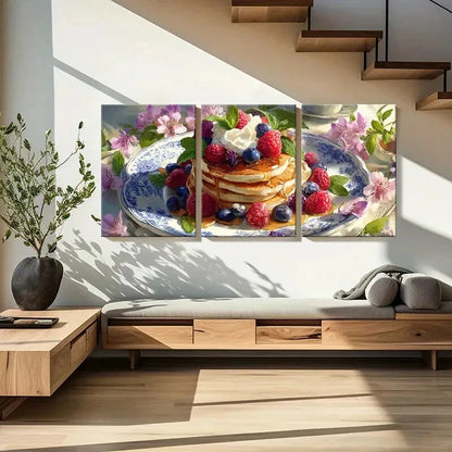 3pcs Pancake Stack Berries Whipped Cream Mint Metal Print Ready to Hang Art
