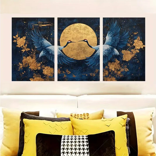 3pcs Flying Cranes Dark Blue Wall Art Metal Print Ready to Hang Art