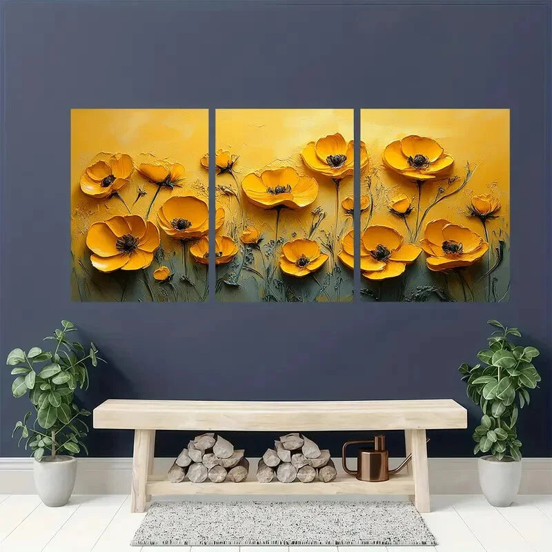 3pcs Yellow Wildflower Oil Small Impasto Art Metal Print Ready to Hang Art