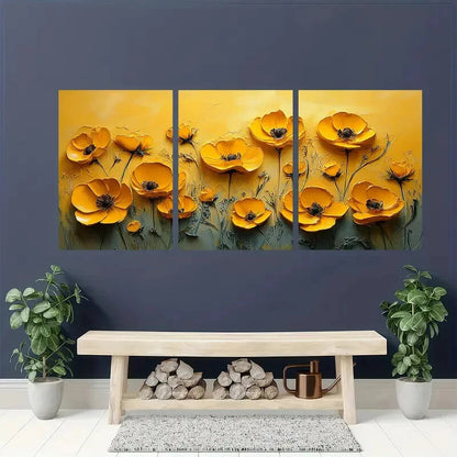 3pcs Yellow Wildflower Oil Small Impasto Art Metal Print Ready to Hang Art