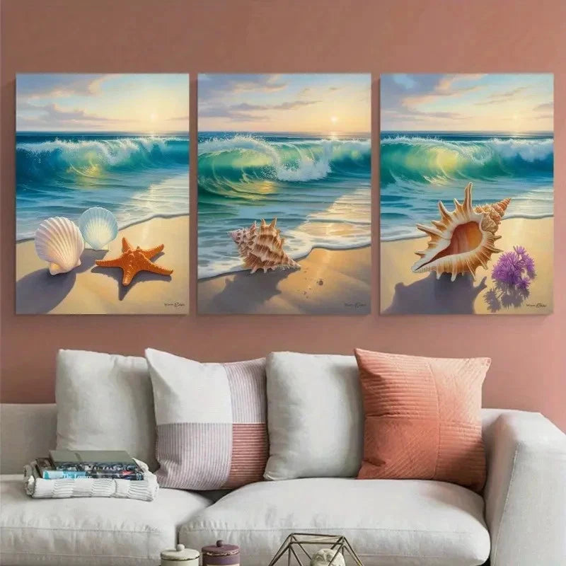 3pcs Seashells Starfish Ocean Waves Metal Print Ready to Hang Art