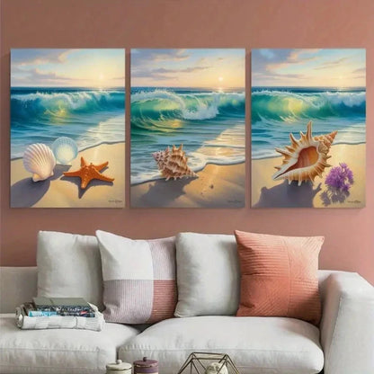 3pcs Seashells Starfish Ocean Waves Metal Print Ready to Hang Art