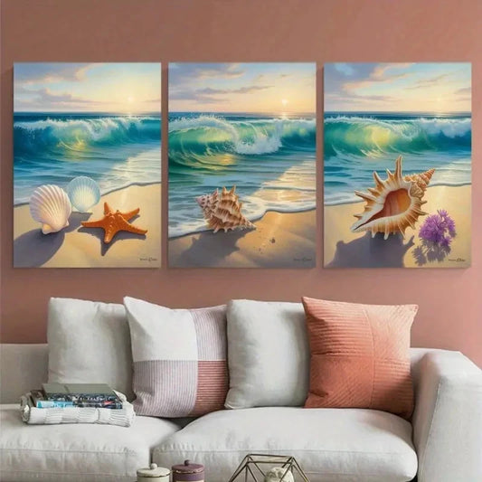 3pcs Seashells Starfish Ocean Waves Metal Print Ready to Hang Art