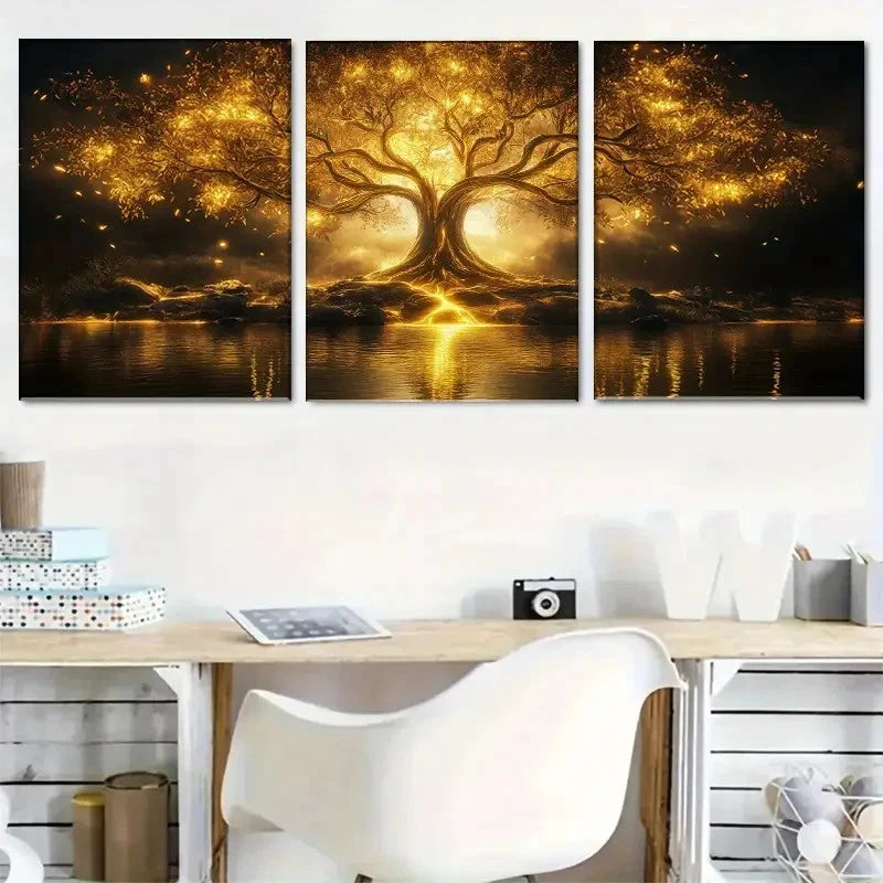 3pcs Vibrant Golden Tree Sunset &Starry Sky Design Metal Print Ready to Hang Art