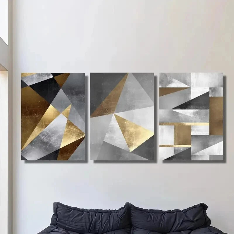 3pcs Golden geometric art, gold and metal art Metal Print Ready to Hang Art