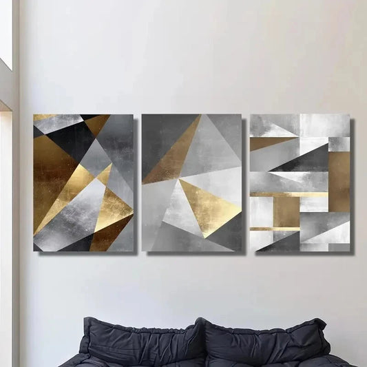 3pcs Golden geometric art, gold and metal art Metal Print Ready to Hang Art