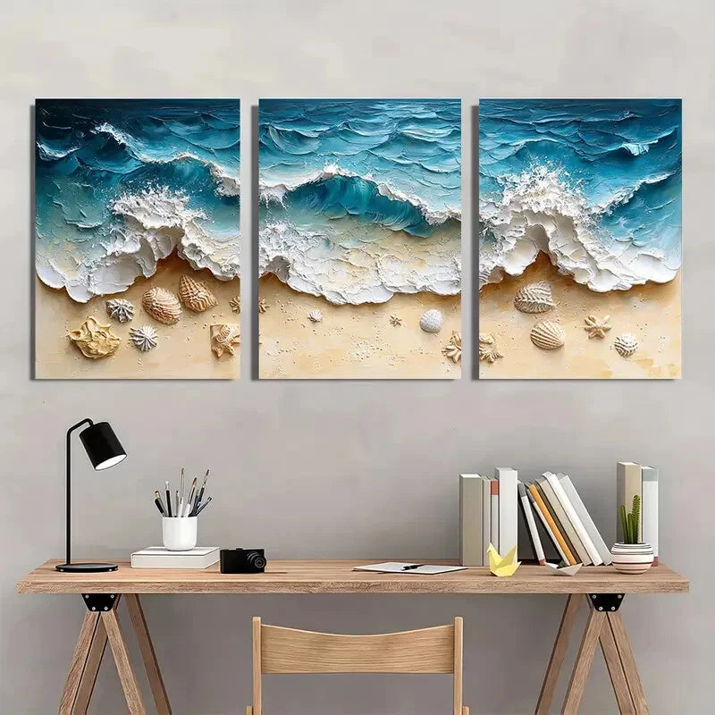 3pcs Textured Blue Wave & Sandy Shore Scene Metal Print Ready to Hang Art