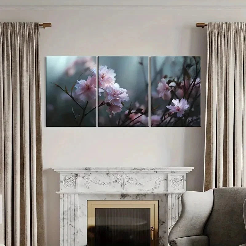 3pcs Elegant Cherry Blossom Canvas Posters Metal Print Ready to Hang Art