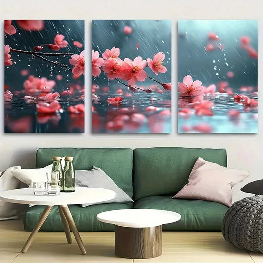 3pcs Serene Cherry Blossom Water Metal Print Ready to Hang Art