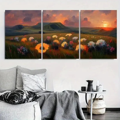 3pcs Sunset Wildflower Meadow Bohemian Floral Metal Print Ready to Hang Art