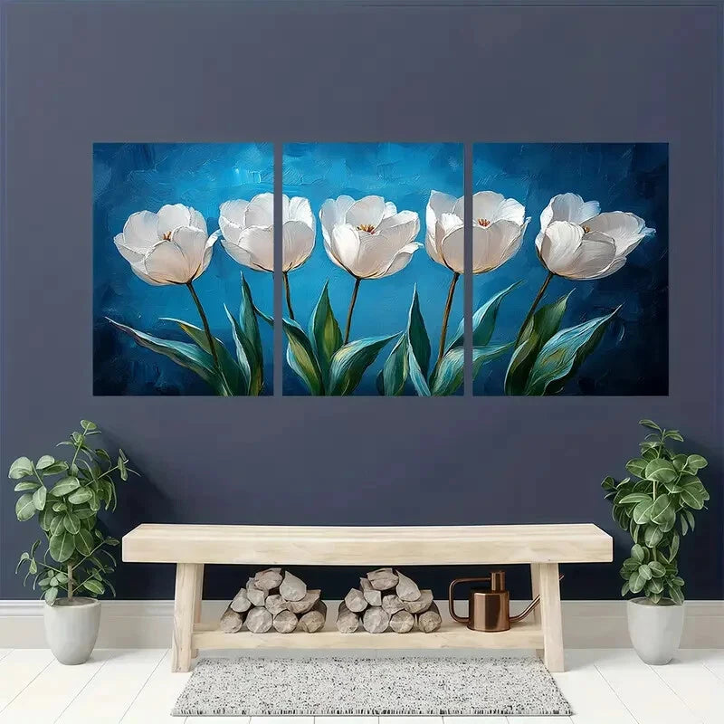 3pcs Elegant White Tulips Blue Background Floral Metal Print Ready to Hang Art