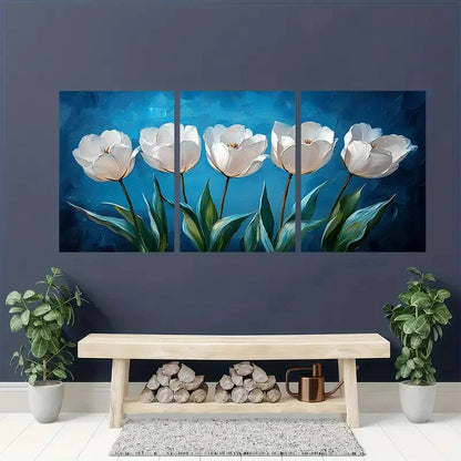 3pcs Elegant White Tulips Blue Background Floral Metal Print Ready to Hang Art