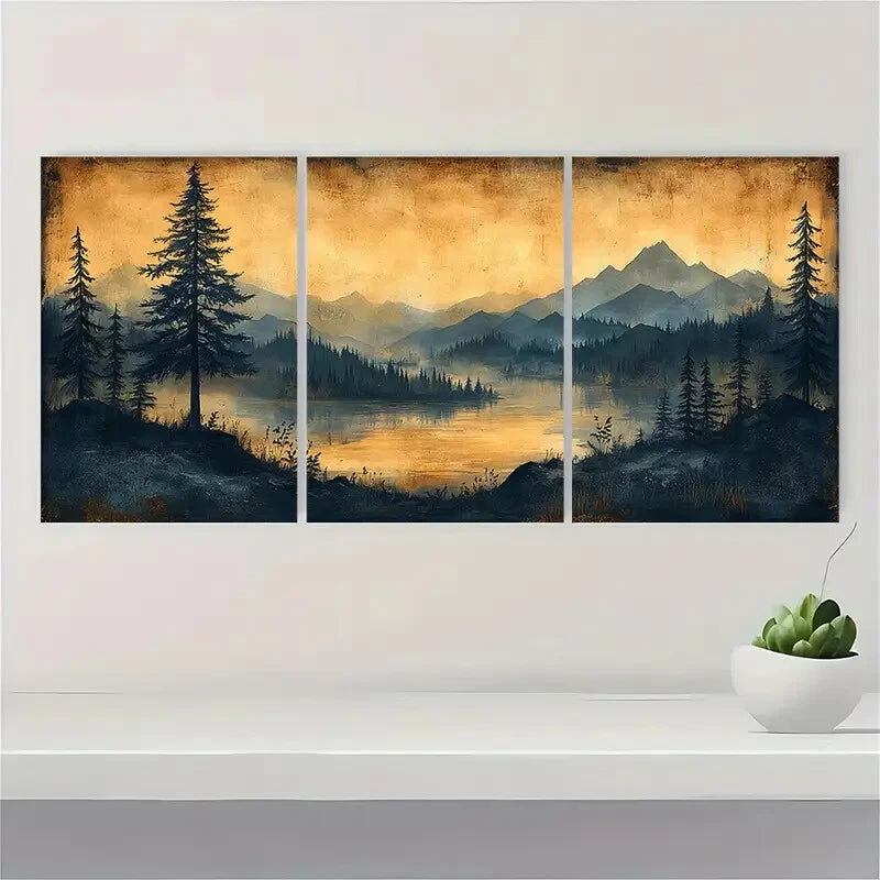 3pcs Vintage Sketch Pine Tree Artwork Landscape Metal Print Ready to Hang Art