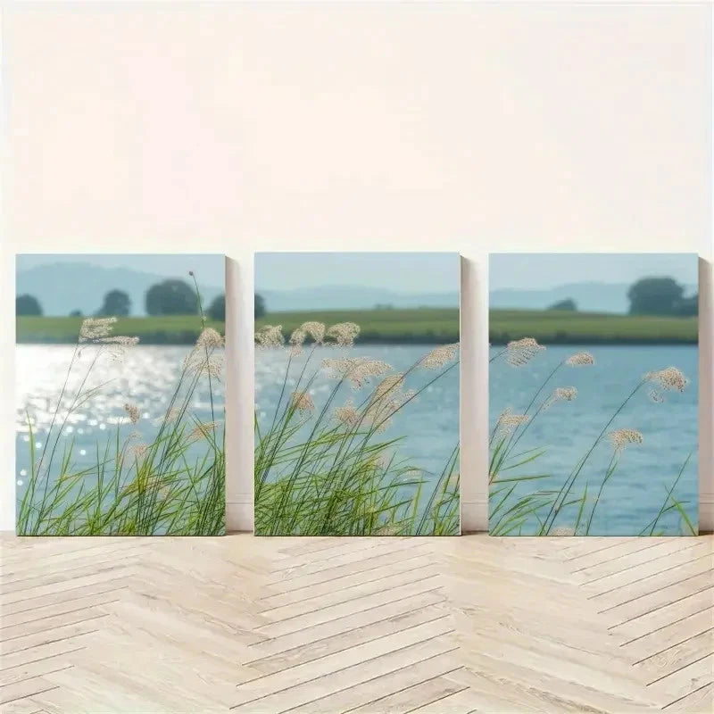 3pcs Reed Grass Blue Water Landscape Painting Metal Print Ready to Hang Art