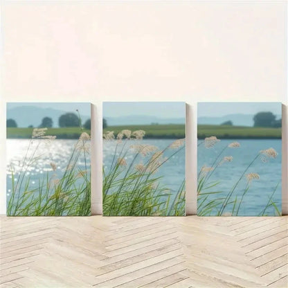 3pcs Reed Grass Blue Water Landscape Painting Metal Print Ready to Hang Art