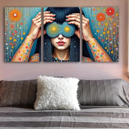 3pcs Woman With Colorful Tattoos & Sunflower Metal Print Ready to Hang Art