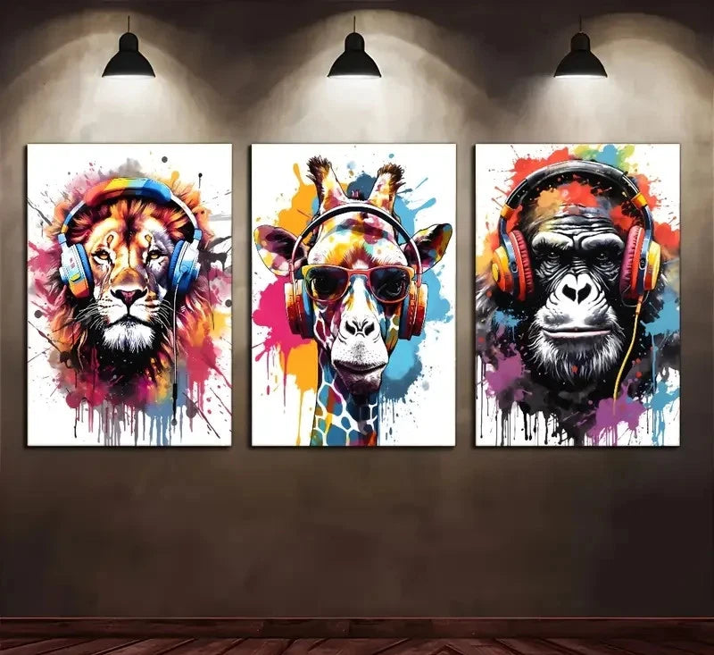 3pcs Lion Giraffe Monkey with Headphones Metal Print Ready to Hang Art