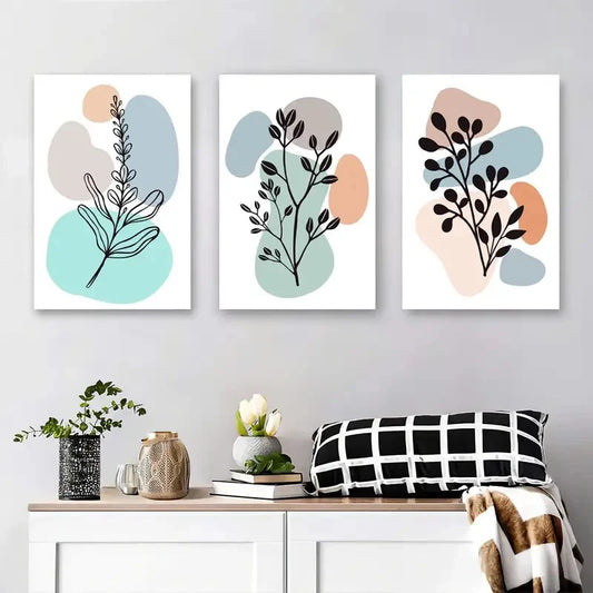 3pcs Abstract Leaf Soft Green Beige and Blue Metal Print Ready to Hang Art