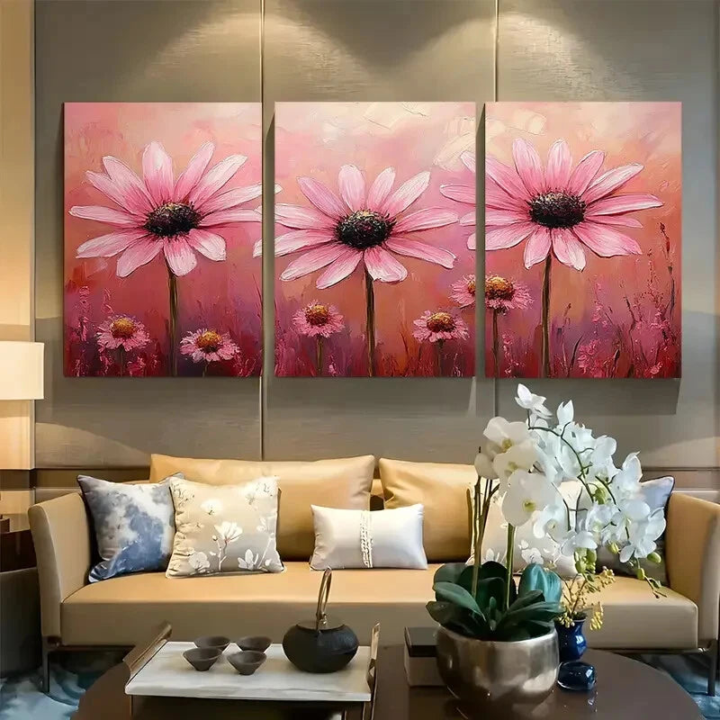 3pcs Light Pink Daisy Wildflower Rustic Floral Metal Print Ready to Hang Art