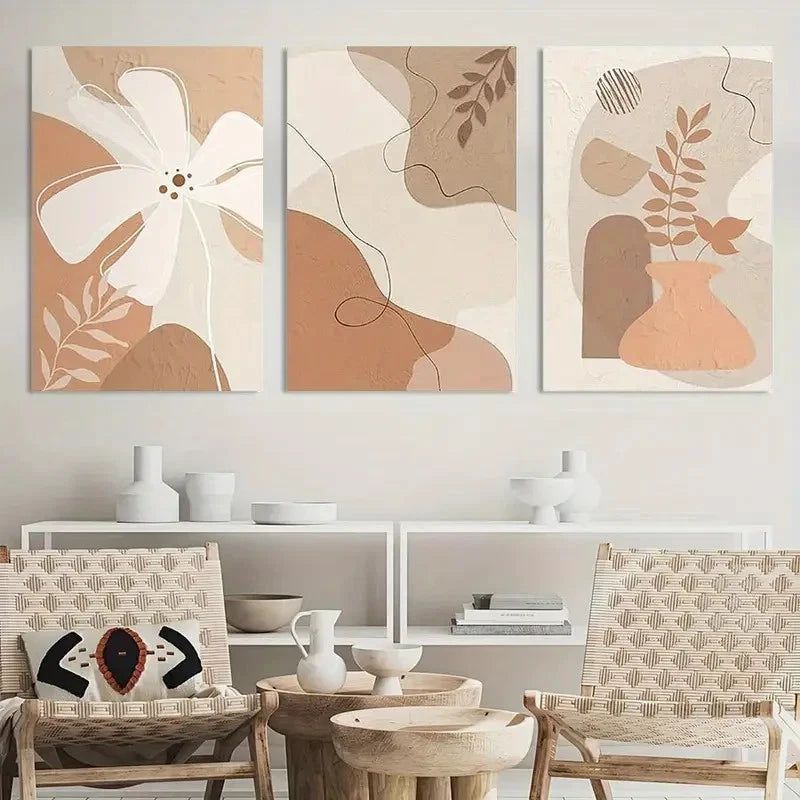 3pcs Floral & Geometric Designs Beige & Brown TonesMetal Print Ready to Hang Art