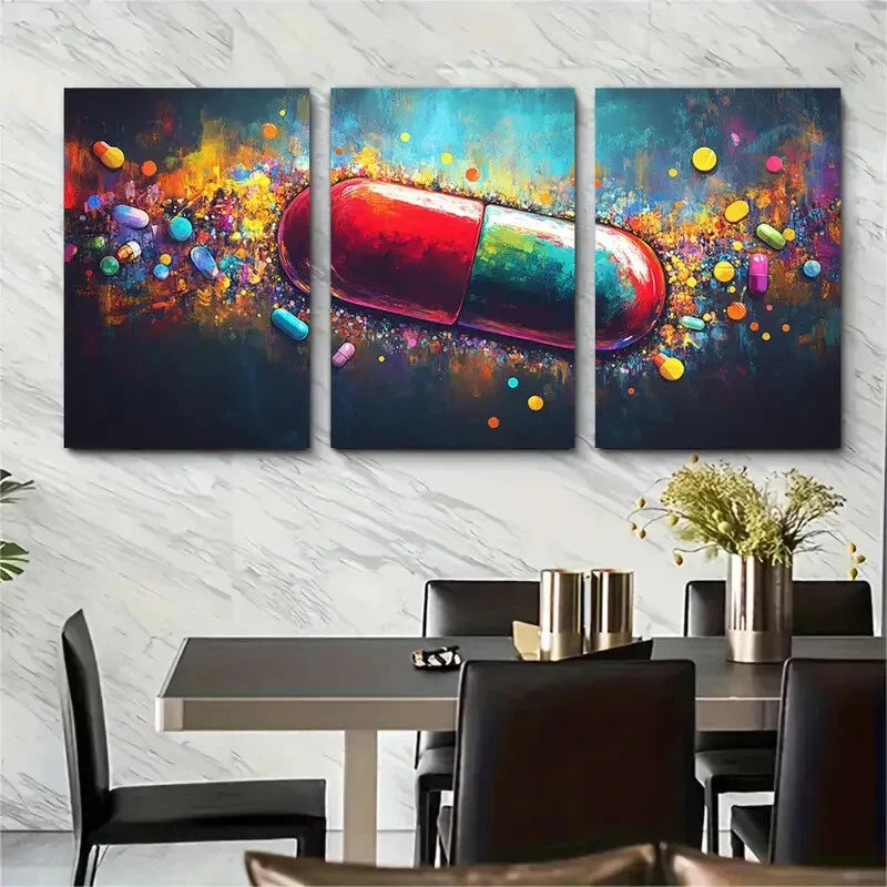 3pcs Colorful Capsule Design with Multicolored Metal Print Ready to Hang Art