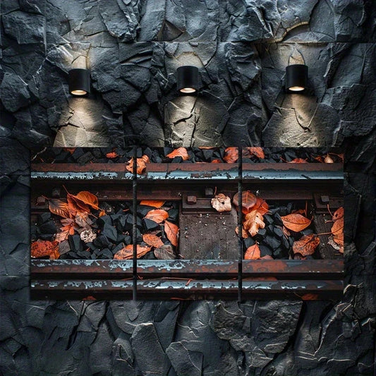3pcs Old Train Tracks with Fallen Leaves & Rocks Metal Print Ready to Hang Art