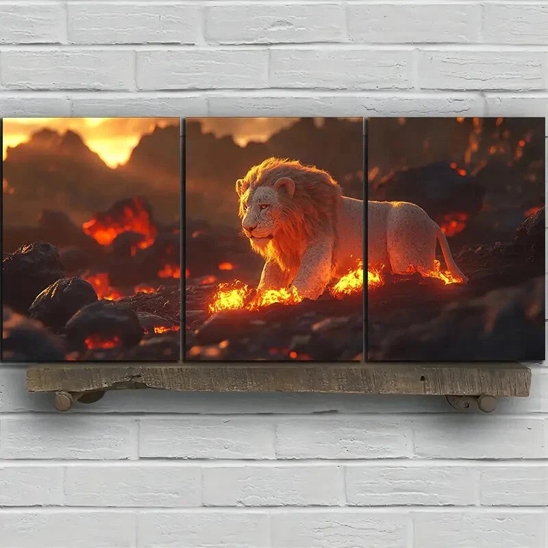 3pcs Running Lion Mural Animal Themed Metal Print Ready to Hang Art