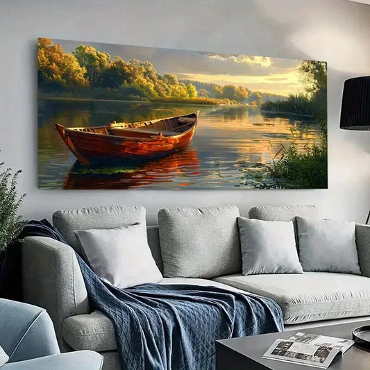 River sunset  lonely boat   wall canvas office home room framed 120x60cm