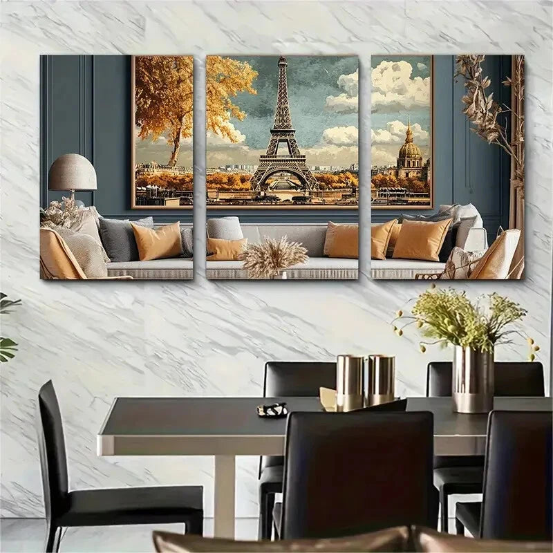 3pcs Eiffel Tower Vintage Paris Cityscape Metal Print Ready to Hang Art