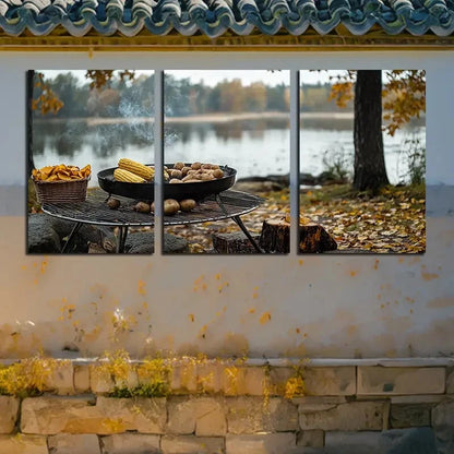 3pcs Outdoor Barbecue Scenery with lake View Metal Print Ready to Hang Art