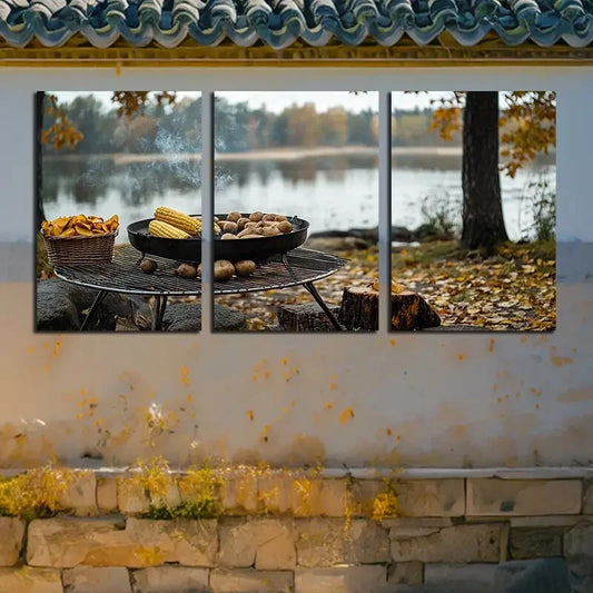 3pcs Outdoor Barbecue Scenery with lake View Metal Print Ready to Hang Art