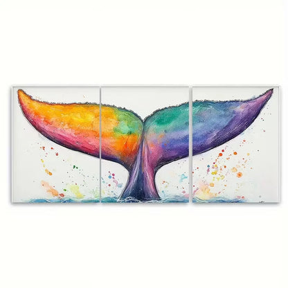 3pcs Vibrant Rainbow Whale Tail Watercolor Metal Print Ready to Hang Art