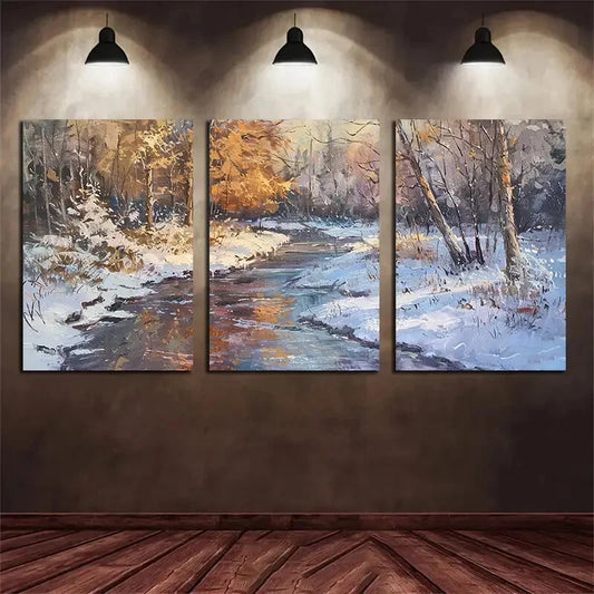 3pcs Snowy Forest River Big Trees Metal Print Ready to Hang Art