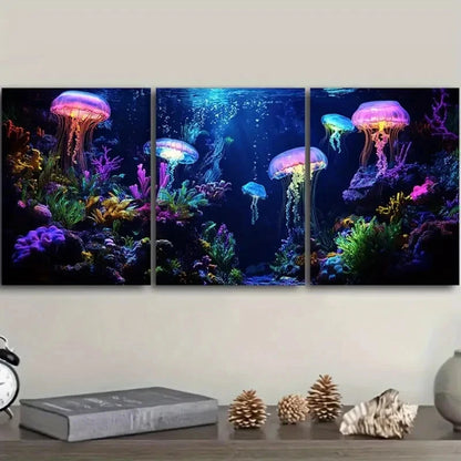 3pcs Oil Painting Sea Anemone Ocean Theme Metal Print Ready to Hang Art