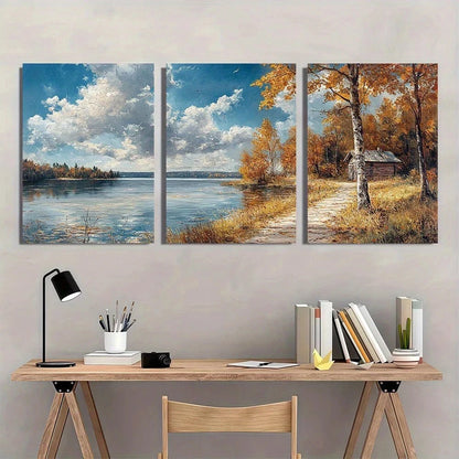 3pcs Rustic Lake House Painting Nature Metal Print Ready to Hang Art