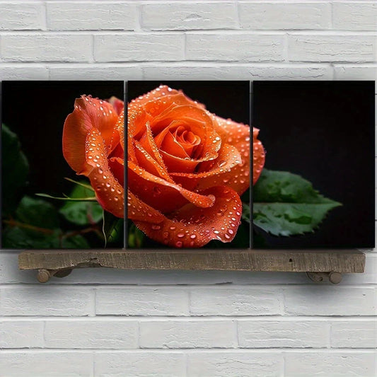 3pcs Red Roses Green Leaves Water Drops Metal Print Ready to Hang Art