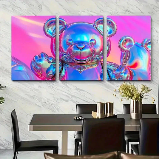 3pcs Metallic Teddy Bear Vibrant Metal Print Ready to Hang Art