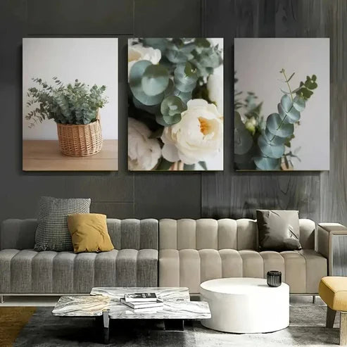 3pcs Eucalyptus Leaves, White Peonies Wall Art Canvas Unframed - High Quality Print 100% Australian Made Wall Canvas
