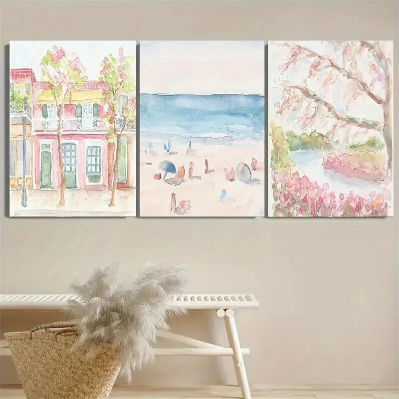3pcs Pastel Pink New Orleans Louisiana Beach Scene Metal Print Ready to Hang Art