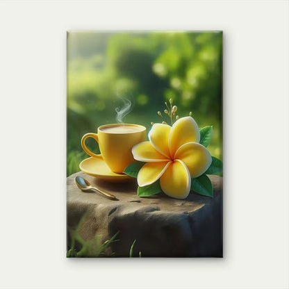 Coffee & Frangipani Serene Tropical Scene Metal Print Ready to Hang
