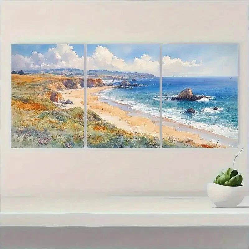 3pcs Sonoma Watercolor Coastline with Cliffs Metal Print Ready to Hang Art