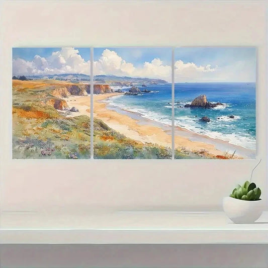 3pcs Sonoma Watercolor Coastline with Cliffs Metal Print Ready to Hang Art